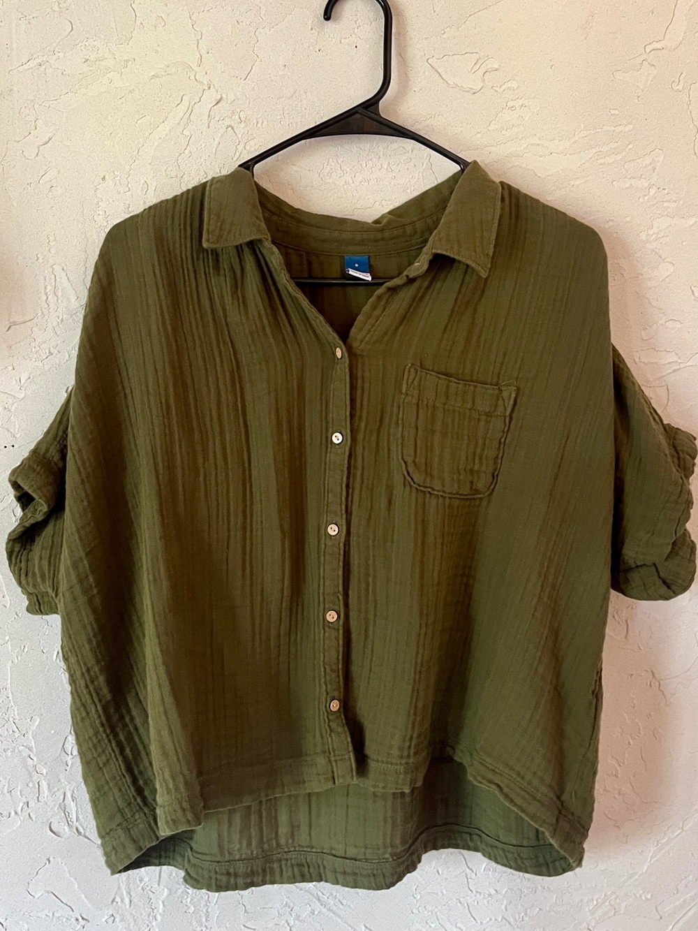 100% Cotton Muslin Short Sleeve Button Down Dark Green